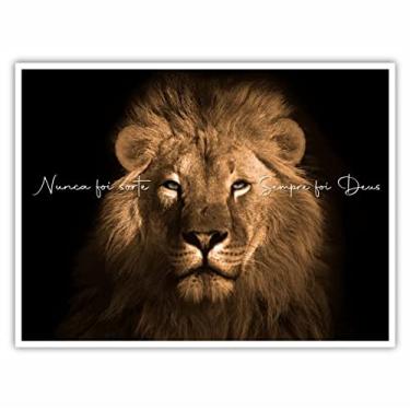 Imagem de Quadro Decorativo com Moldura de Madeira Leão Frase Nunca Foi Sorte Sempre Foi Deus 90x60 para Decoração Sala Quarto Escritório Hall Cor da armação:Branco