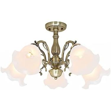 Imagem de Luxuoso Candelabro De 5 Luzes Com Montagem Semi Embutida No Teto, Moderno Lustre Sputnik Com Abajur De Vidro Branco Lâmpada De Teto Para Sala De Estar - Bronze 60x40cm,Constructive23