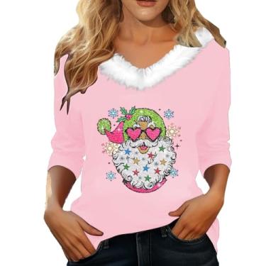 Imagem de Elogoog Camiseta feminina Merry Christmas Shirt for Women Pullover Cold Shoulder Cute Tree Snowflake Tops Sexy Red Wine Cup Impresso Sweater (Rosa, Médio), rosa, M