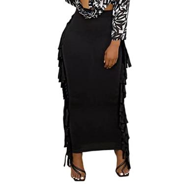 Imagem de Lrady Saias lápis longas femininas de cintura elástica justa com borlas laterais, Preto, GG