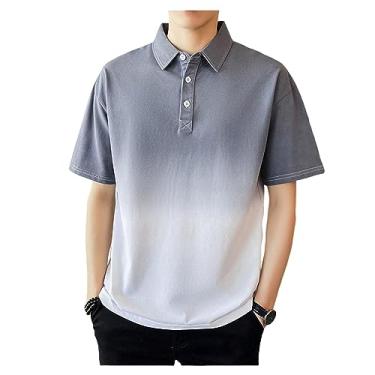 Imagem de Camisa polo masculina gradiente lapela golfe camisa botão respirável camiseta elástica atlética ajuste fino, Cinza, XXG