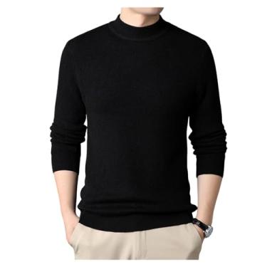 Imagem de Suéter masculino de gola redonda de malha de cor sólida suéter fino justo pulôver camada de base, Preto, M