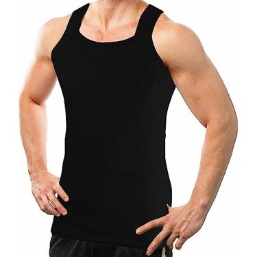 Imagem de AC BASICS 2-4 camisetas regatas masculinas estilo G-Unit algodão corte quadrado com nervuras, Preto, 3G Alto