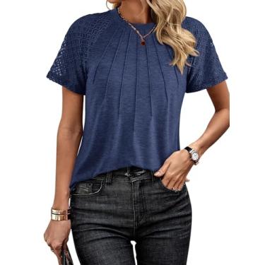 Imagem de KIRUNDO Blusas femininas fashion 2024 verão elegantes casuais renda manga curta plissado gola redonda camisetas túnicas, Azul marino, G
