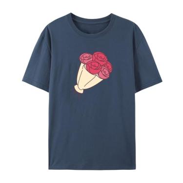 Imagem de Camiseta com estampa floral masculina e feminina rosa divertida para amigos amor, Azul marinho, GG