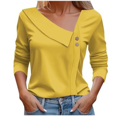 Imagem de Blusa feminina assimétrica gola V gola V manga longa gola V 2024 moda trabalho casual elegante camiseta, Amarelo, G