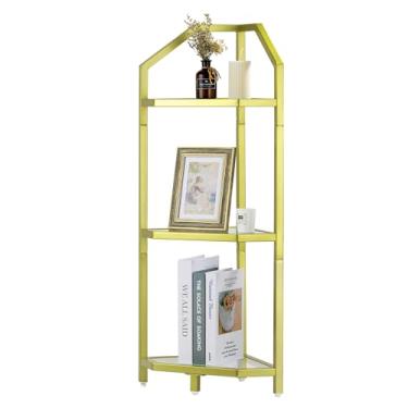 Imagem de Suporte de prateleira de canto de 3 camadas, estante de canto dourado, prateleira de armazenamento de banheiro, suporte para plantas, vidro temperado, moldura de aço, estilo moderno para sala de