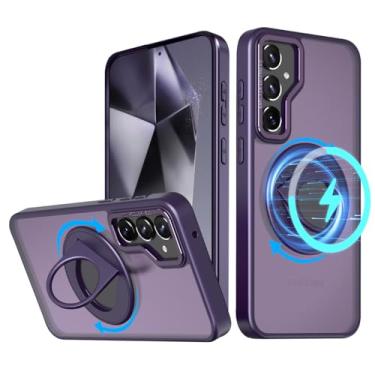 Imagem de NKECXKJ Capa para celular Galaxy S24 5G com carregamento sem fio Mag-Safe giratório de 360° com suporte invisível à prova de choque para Samsung S 24 S24+5G mulheres homens roxo