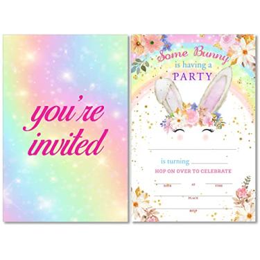 Imagem de Convites coloridos para festa de aniversário de coelhinho arco-íris com envelopes, conjunto de 20 convites para festa de aniversário de algumas coelhinhas florais