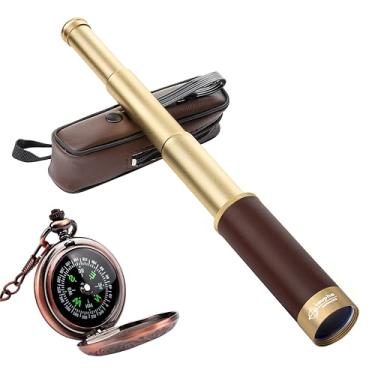 Imagem de Laupha retro pirata telescópio zoomable 25x30 spyglass portátil colapsible telescópio telescópio vintage monocular para crianças & compasso de coleção clássica para camping caça presente de barco