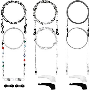 Imagem de Frienda 6 correntes de óculos de sol femininas com contas para óculos de sol, suporte para máscara, cordão, retentor de óculos ao redor do pescoço, Preto, prateado, 26 inches