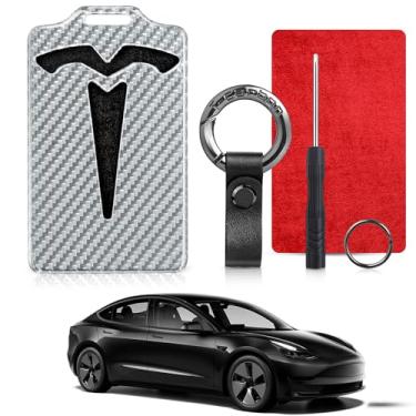 Imagem de T-carbon Porta-cartão compatível com Tesla Model 3, cartão de chave modelo Y, capa de proteção de chave de cartão de fibra de vidro real com chaveiro de couro (prata)