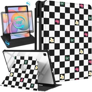 Imagem de Kidcube Capa para Samsung Galaxy Tab S6 Lite de 10,4 polegadas 2022/2020 para mulheres meninas capa fólio fofa com suporte para lápis preto xadrez suporte giratório adolescentes capas para tablet Tab