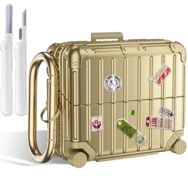 Imagem de KOREDA Capa compatível com Samsung Galaxy Buds 3 e Galaxy Buds 3 Pro, capa rígida protetora com design de mala engraçada fofa, kit de limpeza e chaveiro (ouro champanhe)