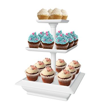 Imagem de Suporte de cupcake de 3 camadas – Suporte quadrado para exibição de aniversário, festa de chá, casamento ou chás de bebê – Conjunto de exibição de mesa de sobremesa da Chef Buddy (branco)