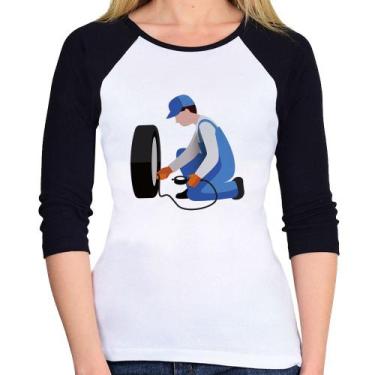 Imagem de Baby Look Raglan Borracharia Manga 3/4 - Foca na Moda, Branco, Preto, 