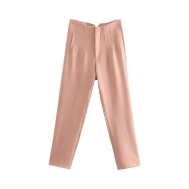 Imagem de Calças de Alfaiataria Femininas de Cintura Alta - Preto, Rosa e Branco