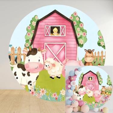 Imagem de Yeele Capa de fundo redonda de celeiro rosa de 1,5 m com desenho animado de animais de fazenda, pano de fundo para fotografia, tema de celeiro, chá de bebê, decoração de festa de aniversário, faixa de