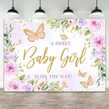 Imagem de Wollmix Decoração de chá de bebê borboleta para cenário de menina 2,1 x 1,5 m A Sweet Baby Girl is on the Way roxo floral flores fotografia fundo dourado pontos princesa banner foto cabine suprimentos adereços