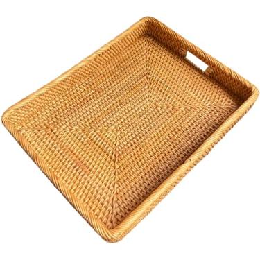 Imagem de i-lan Bandeja de servir de vime retangular grande de 43 cm com alças - Travessa de servir para café da manhã e bebidas de vime natural, bandeja decorativa de mesa de cozinha para frutas, legumes e