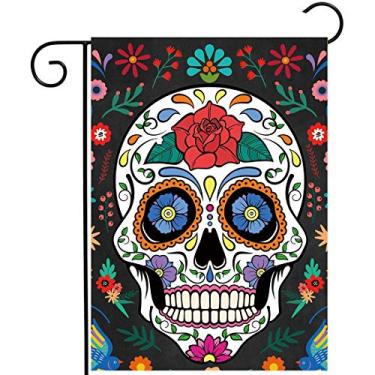 Imagem de Bandeira Allenjoy Day of The Dead Garden para uso externo vertical mexicano Fiesta Dia de Los Muertos banner casa gramado banner quintal placa varanda pátio decorações ao ar livre 12x18 poliéster lavável de dois lados