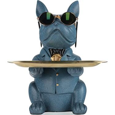 Imagem de Estátua de armazenamento de mesa de buldogue de resina, escultura de estatueta de animal com bandejas de armazenamento de metal, decoração de mesa de cofrinho de moedas, prato de doces, tigela de