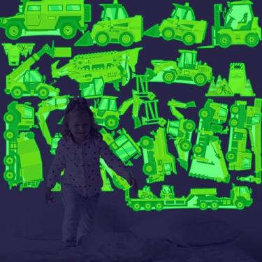 Imagem de Adesivos de construção que brilham no escuro, 23 peças de decalques de parede luminosos brilhantes para caminhão, escavadeira, trator, adesivos de teto para crianças, meninos, meninas, quarto,