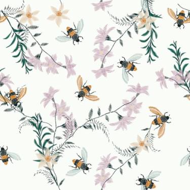 Imagem de VaryStyle Papel de parede floral bordado de 45 x 299 cm, papel de parede floral de abelha bege vintage papel de contato natural para armários, mural de parede, autoadesivo, papel de parede removível