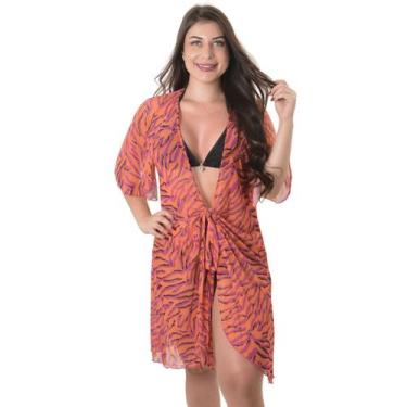Imagem de Saída Praia Modelo Robe Faixa Tule Manga Curta Arsiè, Único, Laranja, 