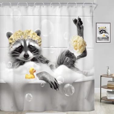Imagem de Riyidecor Cortina de chuveiro infantil engraçada guaxinim na banheira cinza vintage cinza rústico animais selvagens fazenda vida selvagem 182 cm L L x 182 cm A linda decoração de tecido banheiro