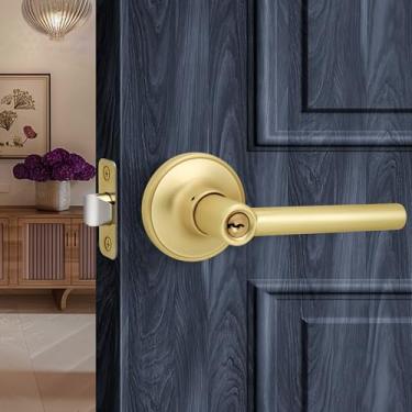 Imagem de LOQRON Maçaneta de porta de entrada com chave estilo redondo com trava, acabamento em latão acetinado