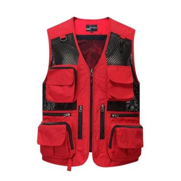 Imagem de Colete De Pesca Sem Mangas Com Vários Bolsos Para Homens Malha Respirável Ao Ar Livre, Jaqueta Casual De Verão Para Caça Fotografia Trabalho Zíper Colete, Para Seu Acampamento, Caminhada(Red,4X-Large)