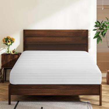 Imagem de Lençóis King Size 100% algodão egípcio 600 fios com bolso profundo de 40,6 cm, ultramacio, luxuoso, durável, respirável e confortável (1 lençol com elástico King, listrado branco)