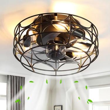 Imagem de Sewterolyn Ventiladores De Teto Com Gaiola Preta, Luzes E Controle Remoto, 6 Velocidades, Ventilador De Teto Industrial Embutido De 12 Polegadas Com Luz, Ventilador Moderno Sem Lâminas, Luminárias