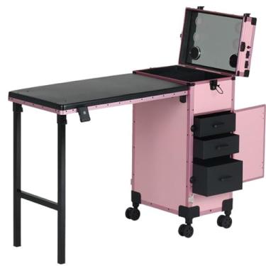 Imagem de Estojo de maquiagem profissional com rodinhas, mesa dobrável portátil para nail art com 3 gavetas, estojo de maquiagem, caixa de armazenamento com carrinho de maquiagem para artistas, cabeleireiros
