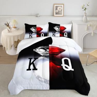 Imagem de AILONEN Conjunto de cama queen para casal, preto e branco, estampa 3D, diamante vermelho, para meninos, meninas, king e Queen, 1 edredom com 2 fronhas, 3 peças
