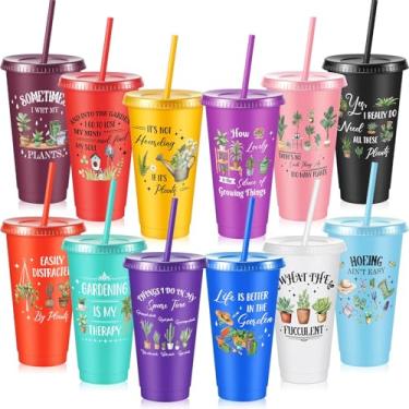 Imagem de Chuangdi 12 peças de presentes para amantes de plantas a granel 680 g copos de plantas com tampa e canudo copo de viagem reutilizável presentes de jardinagem para mulheres, mãe, pai, amante do jardim