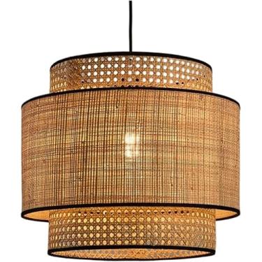 Imagem de Teas Rattan 1 Pingente de teto claro Light Bamboo Terceneiro, luminária de balde de estilo Lodge Lâmpada Retro Retro LED LED PENENTE PARA O Restaurante da sala de jantar da cafeteria, 11,8in
