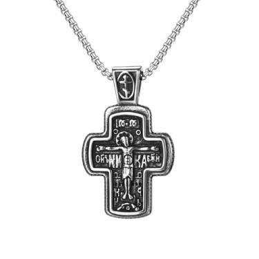 Imagem de Aroncent Colar de cruz ortodoxa autêntica: pingente de crucifixo de Jesus joia de oração religiosa de aço inoxidável - presente de fé cristã bizantina, Aço inoxidável, Sem Pedra Preciosa