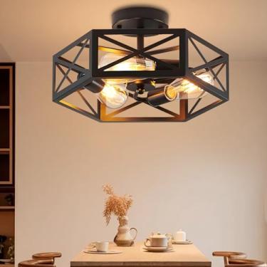 Imagem de Luminária de teto com 6 luzes semiembutidas, luminária moderna para sala de estar, luminária preta, lâmpada de teto hexagonal de metal moderna para cozinha e banheiro (3 cabeças)