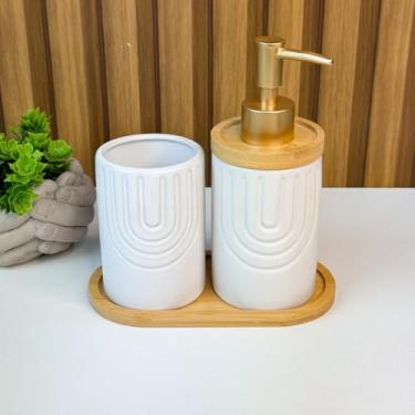 Imagem de Kit Banheiro Lavabo Porta Sabonete liquido Dispenser e Porta Escova de Dente Cerâmica para Decoração (BRANCO BAMBU DETALHE LINHAS U)