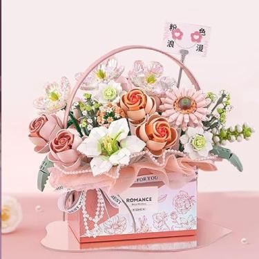 Imagem de Blocos de Montar Buquê de Flores com Luz | Buquê Flor Rosa com Blocos de Construção e Iluminação LED (Rosa)