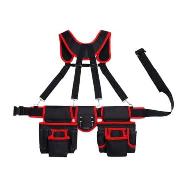 Imagem de Baoblaze Cinto de ferramentas com suspensórios, bolsa de ferramentas ajustável, bolsa respirável com vários bolsos para construtores e marcenaria, Preto Vermelho