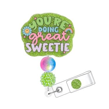 Imagem de Horee Carretel de crachá retrátil com clipe jacaré, porta-cartão de identificação de enfermeira de acrílico com glitter, design engraçado brilhante (ótimo)