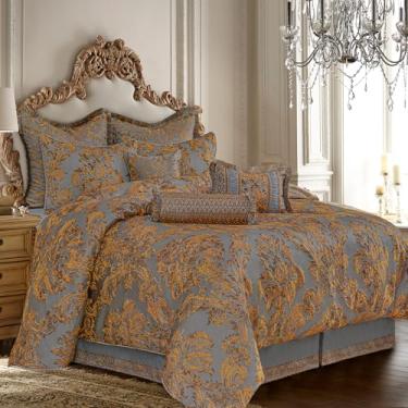 Imagem de Loom and Mill Conjunto de edredom king size, 9 peças, estilo clássico europeu, conjunto de cama em uma bolsa, conjunto de cama jacquard com fronhas europeias, saia para cama, travesseiro decorativo