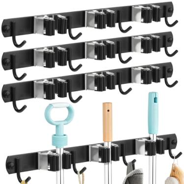 Imagem de Pacote com 3 suportes pretos para esfregão e vassoura, suporte de parede, autoadesivo, 3 prateleiras com 4 ganchos, organizador de vassouras, suporte de parede de aço inoxidável, cabide para casa