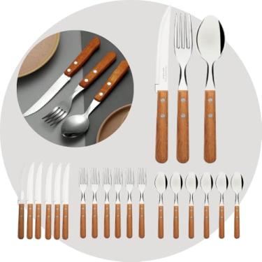 Imagem de Faqueiro 18 Peças em Aço Inox e Madeira - Jogo de Talheres com Faca, Garfo e Colher para Cozinha, Churrasco e Mesa - Shop100