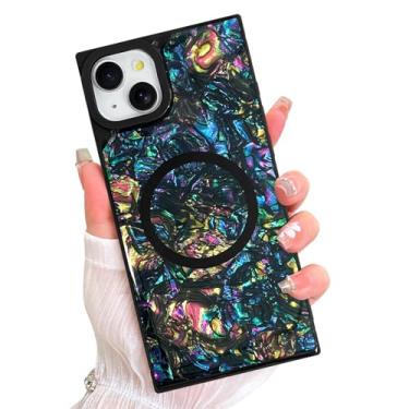 Imagem de AIGOMARA Capa retangular magnética para iPhone 14 Plus, compatível com Magsafe Luxury Sparkle Opalescent Pearl para mulheres e meninas, capa protetora com glitter brilhante com protetor de tela