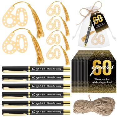Imagem de Spakon Conjunto de 25 lembrancinhas de festa de aniversário de 60 anos para convidados, lembrancinha de aniversário, dourado, caneta com etiqueta