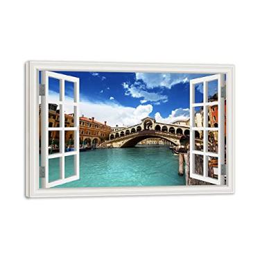 Imagem de Impressão em tela emoldurada de madeira janela ponte de Veneza céu azul 3D falsa janela vista paisagem paisagem imagem impressão em tela arte de parede para sala de estar 70 x 105 cm 27,7 x 104,1 cm